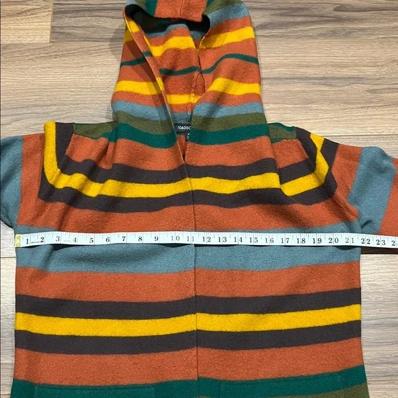 Toad & Co Heartfelt Merino Wool Hoodie in Orange/Yellow/Olive Green/Blue Medium - Picture 10 of 13